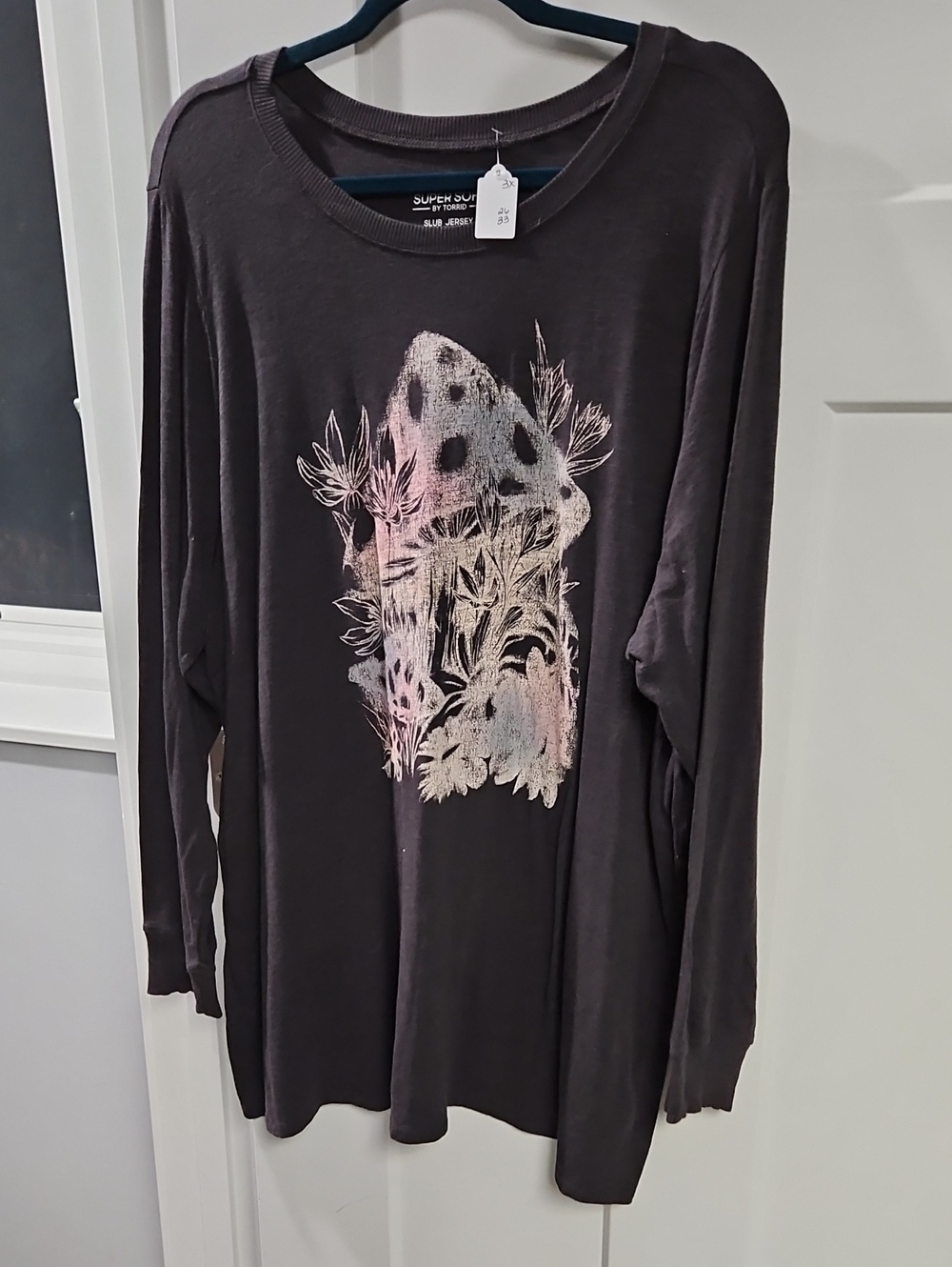 torrid Charcoal Long-Sleeve Tee with Pink Floral Mushroom Graphic